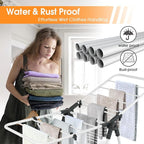 Clothes Drying Rack, Metal Foldable Laundry Drying Rack, with Adjustable Height Levels Wings, Space Saving, Indoor Outdoor Use, White Free-Standing Airer
