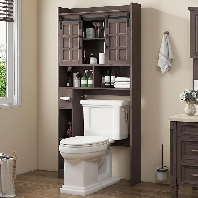 Vabches Over The Toilet Storage Cabinet, Farmhouse Storage Cabinet Over Toilet with Sliding Doors, Home Space-Saving Toilet Rack, for Restroom, Bathroom, Laundry.Espresso