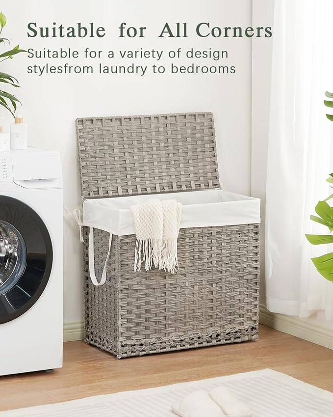 Laundry Hamper with Lid Laundry Basket 132 L (35 Gal) Wicker Clothes Hamper, Handwoven Rattan Hamper with Handles and 4 Removable Liner Bags, 6 Mesh Bags for Laundry Bedroom Gray