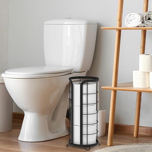 BROOKSTONE Toilet Paper Holder Stand Reserve - Free Standing Toilet Paper Stand with Storage that Holds Mega Rolls, Standing Bathroom Tissue Organizer, Bathroom Decor - Modern Storage Holder, Black