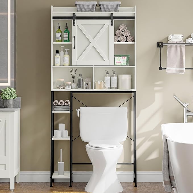Vabches Over The Toilet Storage Cabinet, Farmhouse Storage Cabinet Over Toilet with Sliding Door & Toilet Paper Holder Stand, Home Space-Saving Toilet Rack for Bathroom, Restroom