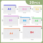 Smarpau 20pcs Mesh Zipper Pouch, 8 Sizes Plastic Zipper Pouches for Organizing, 8 Colors Waterproof Plastic Document Bags for Board Game Storage, Travel, Office Supplies