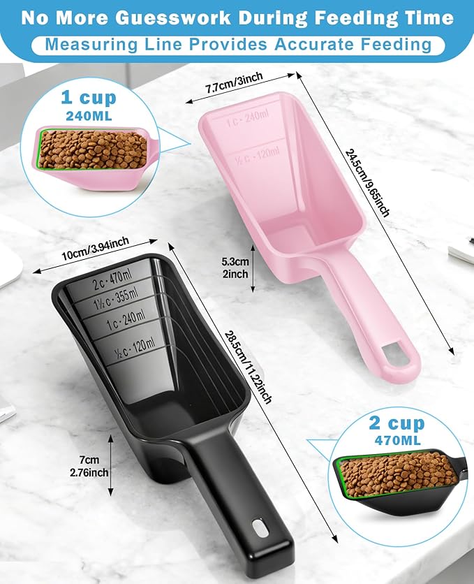 2-Pack Dog Food Scoop Set,1 Cup and 2 Cup Plastic Pet Food Measuring Scoops with Clear Measurement Lines,Multi-Purpose Pet Food Scooper for Dogs, Cats (Pink and Black)
