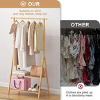Bamboo Wooden Clothes Rack, Heavy Duty Garment Rack for Hanging Clothes, Freestanding Clothing Rack with 2 Tier Storage Shelves & Side Hooks for Living Room Bedroom Entryway