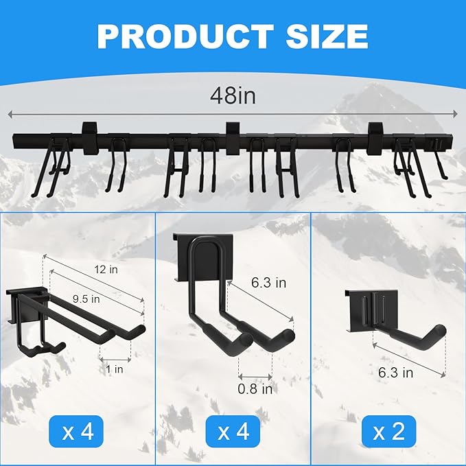 48'' Ski Rack Wall Mount,12 Pairs Ski Holders for Wall with Movable Rubber-Coated Hooks for Garage Storage Organizer System, Snowboard Wall Mount for Garage and Home Shed, Holds Up to 880lbs