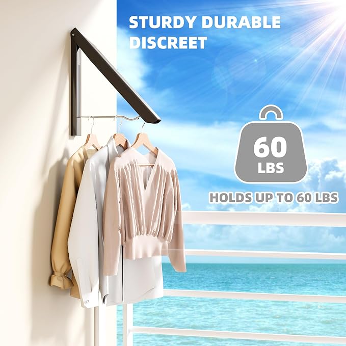 BAKON 2 Pack Clothes Drying Rack Foldable Collapsible, Folding Laundry Rack Wall Mounted Retractable Clothes Hanger for Laundry Room, Indoor & Outdoor Use, Easy Installation, Aluminum (Black)