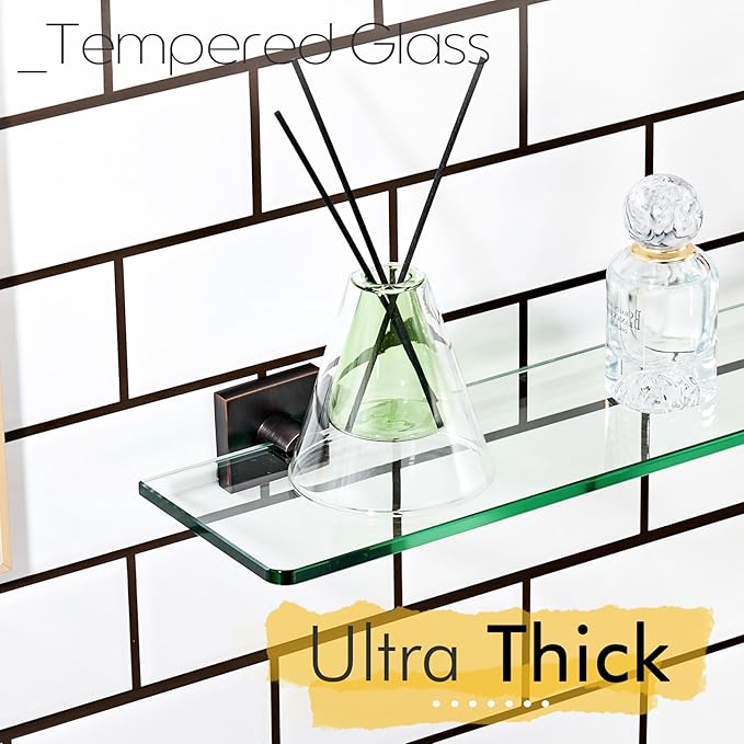 KOKOSIRI Tempered Glass Shelves 16-Inch Bathroom Floating Shelf Kitchen Hanging Rack for Shower Storage, Oil Rubbed Bronze Stainless Steel B1107ORB-L16