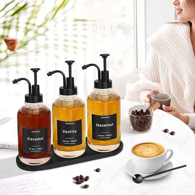 Coffee Syrup Dispenser for Coffee Bar, 16.9oz 500ml Glass Syrup Dispenser w Black Coffee Scoop, Coffee Syrup Pump Dispenser w 36 Labels and Bamboo Tray, Coffee Syrup Bottles with Black Pump, 3PCS