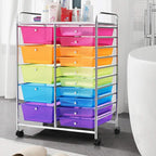 GOFLAME 15-Drawer Rolling Storage Cart, Craft Storage Cart with Removable Drawers & Lockable Wheels, Art Cart Supply Storage Organizer for Home Office Classroom, Rainbow