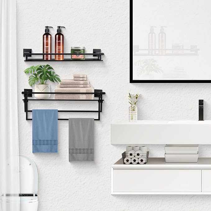 LANC Black Bathroom Shelves Glass Shelf 20-Inch Floating Tempered Glass Shelf Rectangular Modern Stainless Steel Wall Mounted Shelves for Shower Bathroom Kitchen Organizers Accessories ，A7613AB