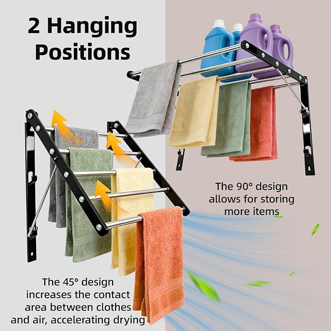 Wall Mounted Drying Rack for Laundry, 13”-23” Retractable Clothes Drying Rack, Space Saving Drying Rack Clothing with 5 Stainless Steel Rods Bathroom, Apartments, Black