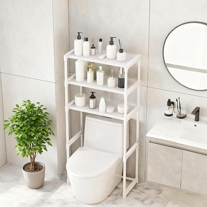 3 Tier Bathroom Over Toilet Organizer Rack, Over The Toilet Storage Rack, Space Saver Carbon Steel Bathroom Shelves, Freestanding Bathrooms Shelves for Restroom Laundry Balcony, White