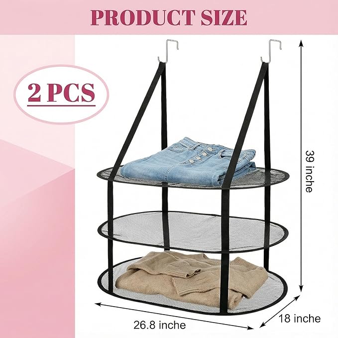2Pcs 3 Tier Drying Rack, Foldable Hanging Over The Door Drying Rack Clothing, Clothing Racks for Hanging Clothes, Laundry Room Organization, Portable for Laundry Room, Dorms (Black)
