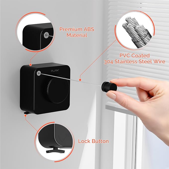 Retractable Clothesline Indoor, Non-Sagging Outdoors Clothesline Retracting, Heavy Duty Retractable Clothes Drying Laundry Line, Wall Mounted Stainless Steel Line - 13.8 Ft (Black)