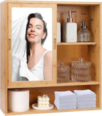 ZYBT Bamboo Bathroom Cabinet,Mirrored Medicine Cabinets,Bathroom Cabinet Wall Mounted with Storage,Medicine Cabinets with Mirror,Over The Toilet Storage with 2 Sliding Doors