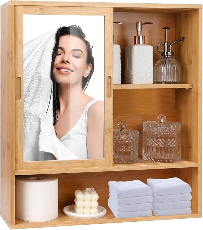 ZYBT Bamboo Bathroom Cabinet,Mirrored Medicine Cabinets,Bathroom Cabinet Wall Mounted with Storage,Medicine Cabinets with Mirror,Over The Toilet Storage with 2 Sliding Doors