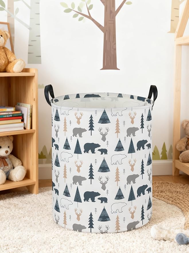ESSME Kids Laundry Basket,Bear Hamper Collapsible Canvas Waterproof Storage Bin forBoys, Woodland Hamper,Gift Baskets(Bear)