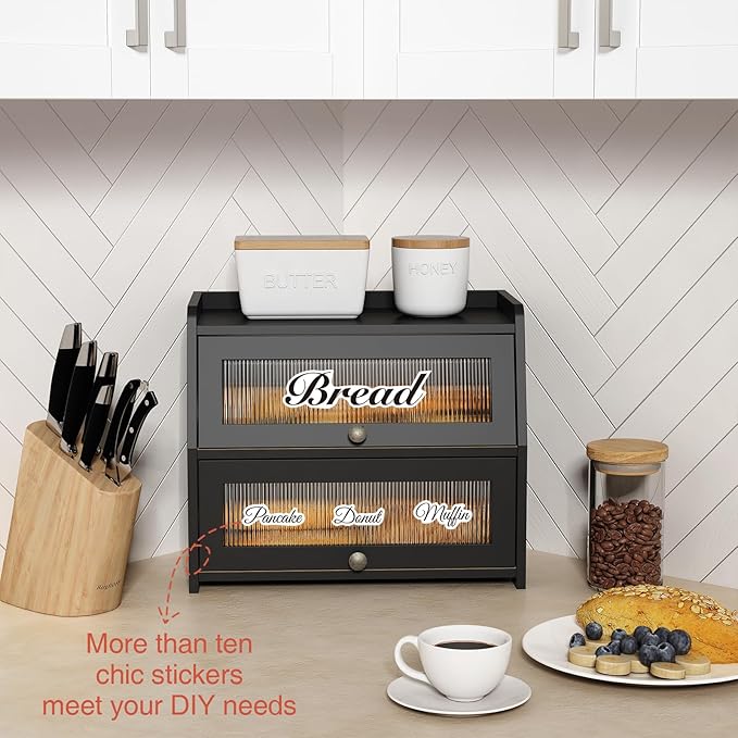 Large Bread Box for Kitchen Countertop, Black Bread Storage Container for Homemade Bread, Double Layer Farmhouse Breadbox Organizer for Kitchen Counter Cabinet, Pantry, Cupboard (Black)