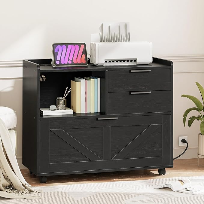 HOOBRO Lateral File Cabinet, Wooden Office Storage Drawers with Charging Station, Filing Cabinet for Home Office, A4/Letter/Legal-Sized Files, Printer Stand with Open Storage Spaces, Black BB37UWJ01