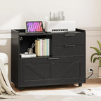 HOOBRO Lateral File Cabinet, Wooden Office Storage Drawers with Charging Station, Filing Cabinet for Home Office, A4/Letter/Legal-Sized Files, Printer Stand with Open Storage Spaces, Black BB37UWJ01