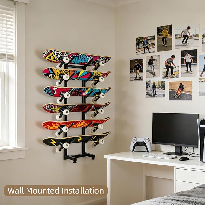 6-Tiers Skateboard Racks Floor Stand, Skateboard Wall Mount, Snowboard Racks, Skateboard Wall Decor For Homes Garages Skate Shops Gym(Black)