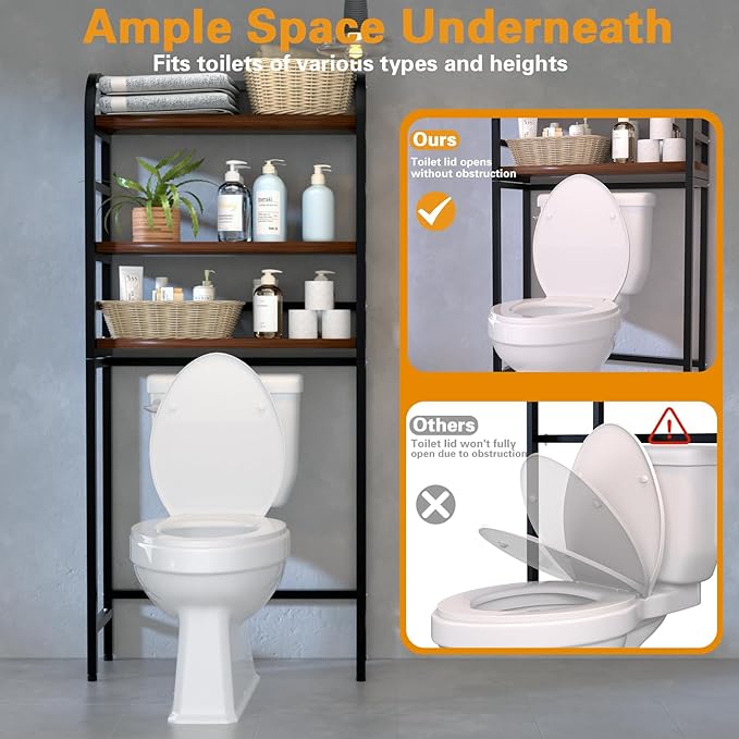 3-Tier Over The Toilet Storage Rack, Freestanding Bathroom Organizer Metal Frame Toilet for Small Spaces, Bathroom, Balcony, Laundry (Black)