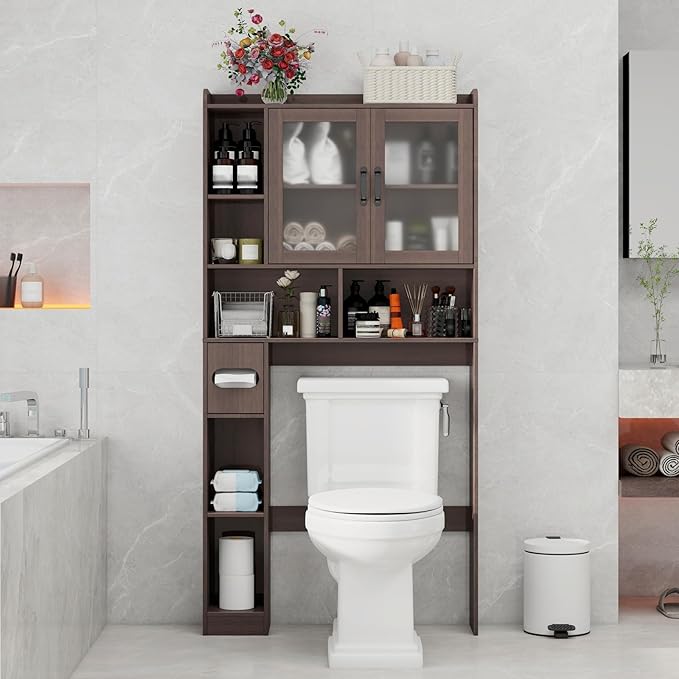 Vabches Over The Toilet Storage Cabinet, Farmhouse Storage Cabinet Over Toilet with Acrylic Doors，Home Space-Saving Toilet Rack, for Bathroom, Restroom, Laundry, Espresso