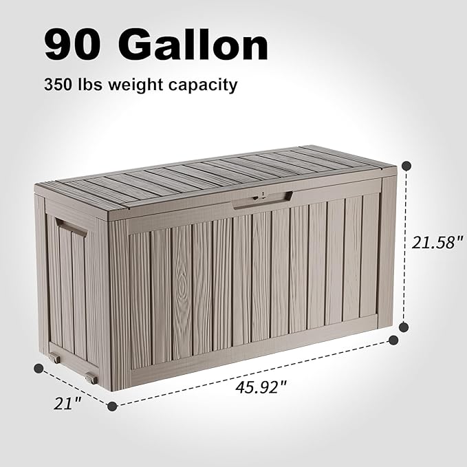 90 Gallon Deck Box Outdoor, Waterproof Outdoor Storage Boxes with Lids, Outside Resin Lockable Storage Box for Patio Cushions, Garden Tools(Grey)