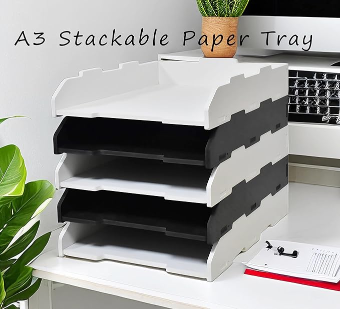 A3 Stackable Paper Tray, 3 Tier Desk File Organizer, Desktop Organizer for Office Supplies, File Storage, Letter Organizer /A3 Office File Folder,Home or Office School, White (Portrait-Black-3-Tier)