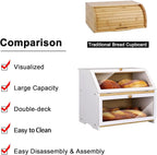 HOMEKOKO Double Layer Large Bread Box for Kitchen Counter, Wooden Large Capacity Bread Storage Bin (White)