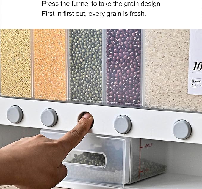 Divided Rice and Cereal Dispenser 6 Grid Food Storage Containers Grain Storage Box Household Food Dispensers 10L Capacity Suitable for Rice Beans Wall Mounted Dry Food