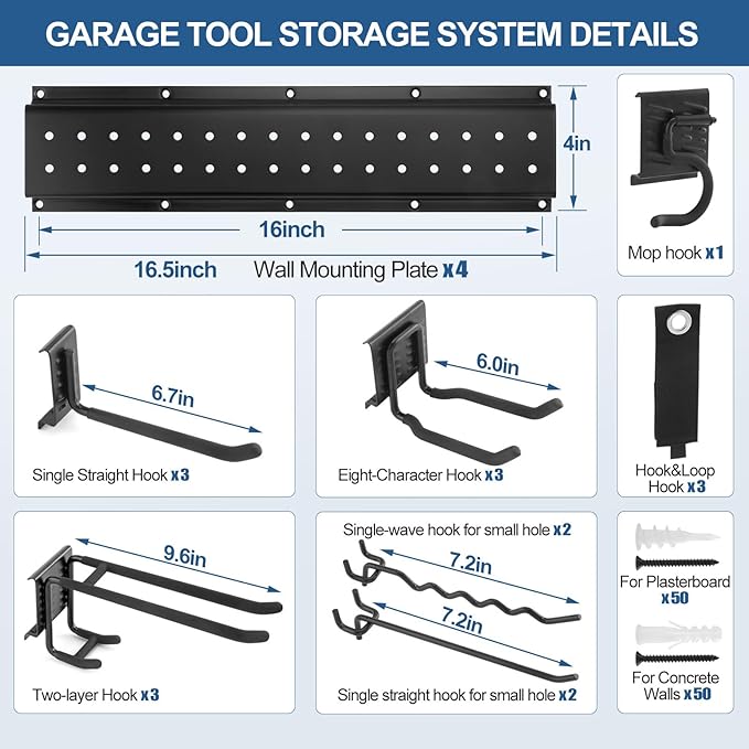 21Pack Garage Tool Organizer Wall Mount 66'', 750lbs Heavy Duty Storage Hook Rack with 17 Adjustable Hooks, Yard Tool Hanger for Shovel Rake Ladder Garden Tool, Easy Assembly Garage Wall Organization