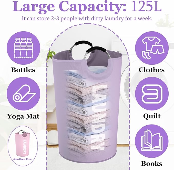 2Pack 125L Extra Large Laundry Baskets, Collapsible Laundry Hamper with Soft Handles, Dirty Clothes Basket in 600D Oxford Fabric, Sturdy Clothes Hampers for Travel, Family, Purple + Pink