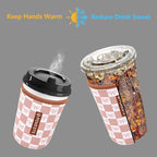 Reusable Neoprene Insulator Sleeve for Iced Coffee & Cold Soda, Coffee Sleeves for Iced & Hot Drinks, Cold Beverage Cooler Compatible with Starbucks, Dunkin (MochCheckerboad&Bow, Small: 16-18oz)