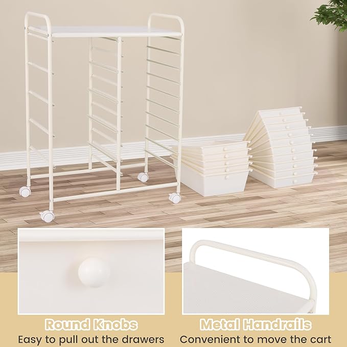 LUARANE Rolling Cart with 15 Drawers, Craft Storage Cart with Portable Handles & Lockable Wheels, Mobile Toys Organizer, Large Capacity Utility Drawer Cart Home Office School Teacher (White)