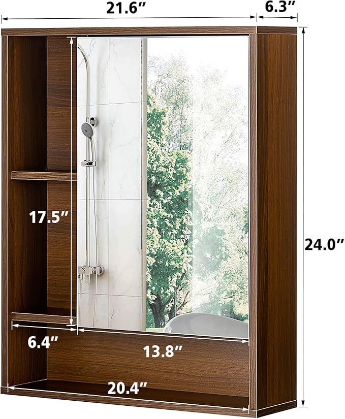 ChooChoo Bathroom Wall Mirror Cabinet, Medicine Cabinet with Single Door and Adjustable Shelf, Over The Toilet Space Saver Storage Cabinet, Walnut