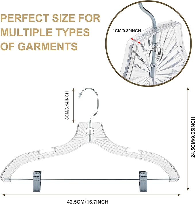Quality Clear Plastic Skirt Hangers - 96 Pack Crystal Cut for Skirt, Pant, Dress, Suit, Coat Hangers Heavy Duty & Nonslip Design Adjustable Clips, Swivel Hook, 17" inch
