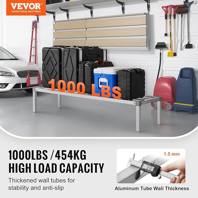 VEVOR Aluminum Dunnage Rack, 60” x 20” Commercial Food Floor Rack, 12” Off the Floor, 1000 lbs Capacity All-Welded Aluminum Storage Rack, for Storage in Restaurants, Kitchens, Garages and Vehicles