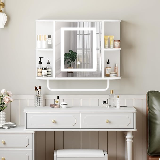 Bathroom Wall Cabinet with Mirror, Mirrored Medicine Cabinet with 3 Colors LED Light and 4 Open Shelves, Wall Mounted Over Toilet Storage Cabinets with Adjustable Shelf, 21.7"L x 6.7"W x 18.1"H, White