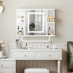 Bathroom Wall Cabinet with Mirror, Mirrored Medicine Cabinet with 3 Colors LED Light and 4 Open Shelves, Wall Mounted Over Toilet Storage Cabinets with Adjustable Shelf, 21.7"L x 6.7"W x 18.1"H, White