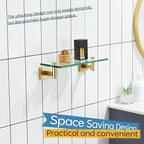 KOKOSIRI Wall Shelves Floating Shelf 12'' Stainless Steel Bathroom Hardware Tempered Glass Small Hanging Rack for Storage/Room Decor Gold B1105BG-L12