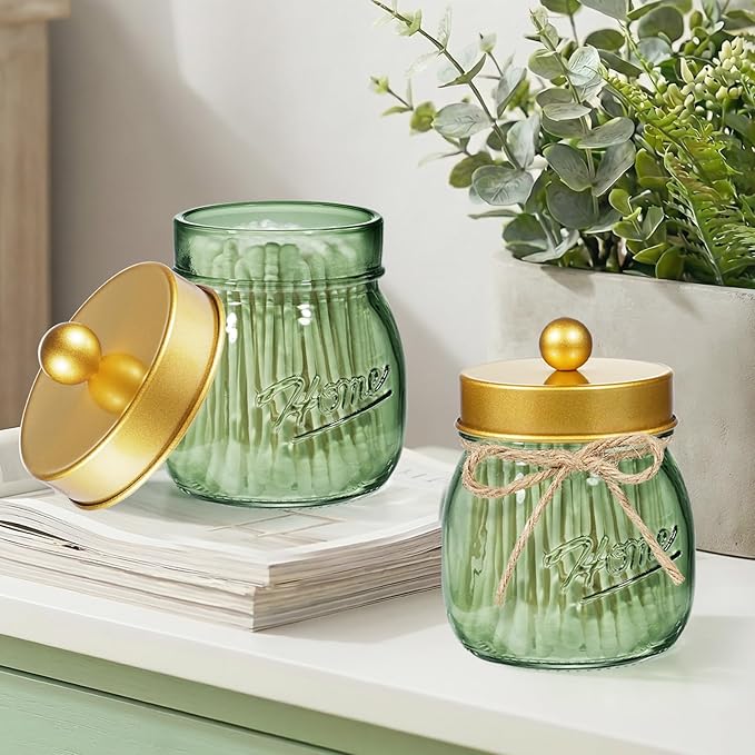 SheeChung Green Glass Qtip Holder Dispenser, Mason Jar Apothecary Jars with Lids, Bathroom Organizers and Storage, Vanity Countertop Canisters Set for Cotton Swab, Ball, Pad, Floss Pick-Gold, 3 Pack