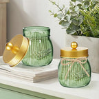 SheeChung Green Glass Qtip Holder Dispenser, Mason Jar Apothecary Jars with Lids, Bathroom Organizers and Storage, Vanity Countertop Canisters Set for Cotton Swab, Ball, Pad, Floss Pick-Gold, 3 Pack