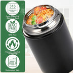 Juome Thermo for Hot Food, 17oz Soup Thermo Lunch Box for Adults, Insulated Vacuum Food Jar Container with Spoon&Fork, Leak Proof Stainless Steel Wide Mouth Thermo for Hot & Cold Foods, Drinks (Black)