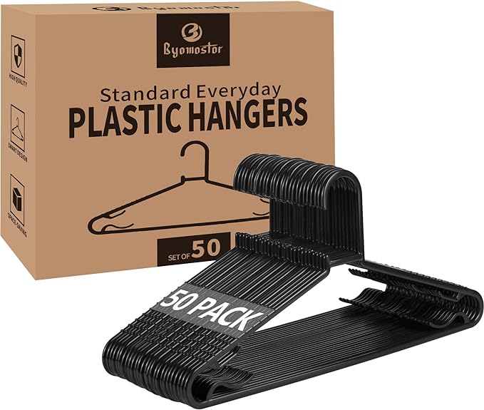 Black Plastic Hangers 50 Pack, Light Weight Durable Clothes Hangers G-Shape Standard Size Non-Slip Coat Hanger Adult Clothes Hangers for Laundry & Everyday Use -Slim & Space Saving