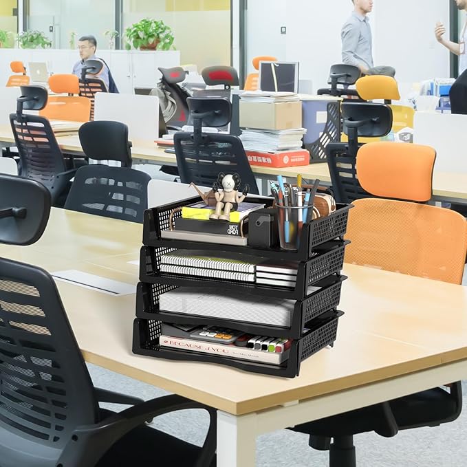 6 Pack Office Stackable Letter Tray, Plastic Stackable Paper Storage Basket Tray, Black