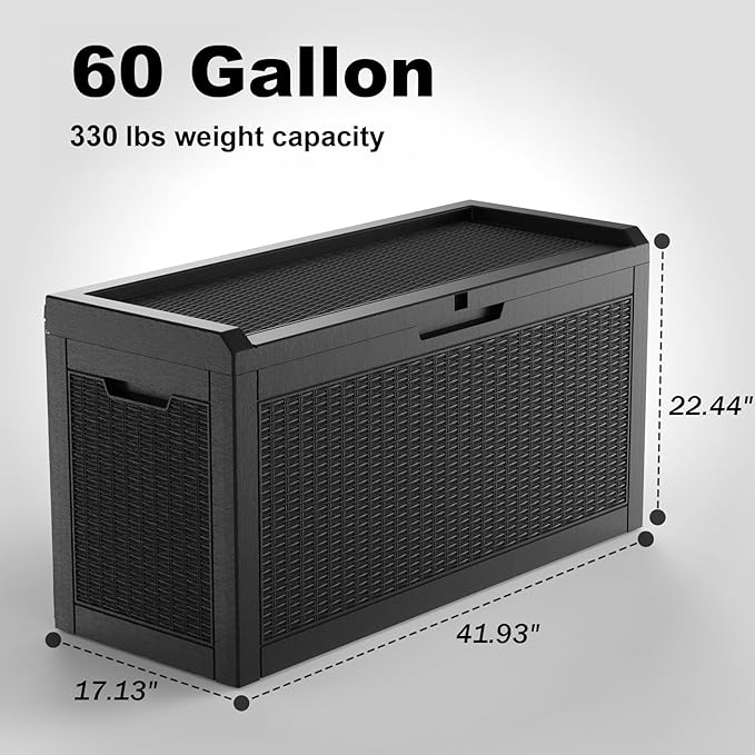 60 Gallon Deck Box,Waterproof Resin Outdoor Storage Box for Patio Furniture,Outdoor Cushions,Garden Tools and Pool Supplies,Weatherproof(Black,60Gallon)