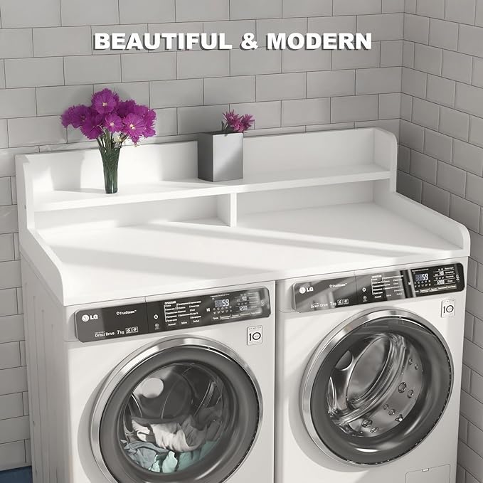 2-Tier Washer Dryer Countertop with 2.8" H Edge Rails, 54" W x 27.5" D Wood Laundry Table for Folding Clothes, Top of Washer and Dryer Organizer Shelf, White