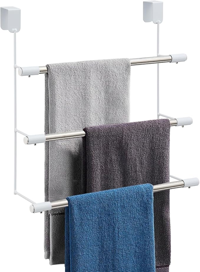 3-Tier Over The Door Towel Rack, Durable Stainless Steel 16 Inch Towel Hanger & Holder, No Drilling Tool-Free Install, Fits 1.5 Inch Standard Bathroom/Shower Door, Space Saving Hanging Storage