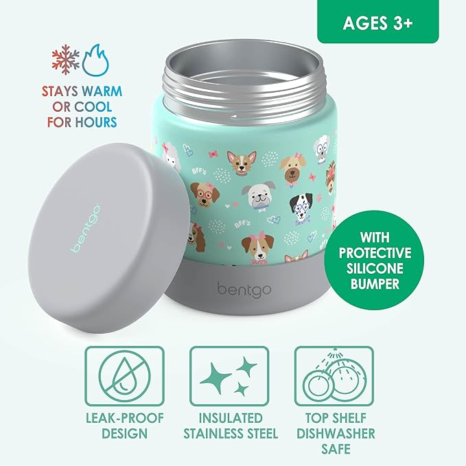 Bentgo Kids Stainless Steel Food Jar - 11oz Leak-Proof Double Insulated Hot or Cold Food Container with Removable Silicone Bumper, Dishwasher Safe, Easy Open Lid, Ages 3+ (Puppy Love)